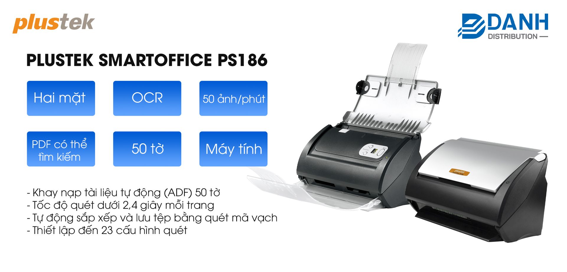 Máy quét Plustek SmartOffice PS186 với tính năng OCR, quét hai mặt, tốc độ 50 ảnh/phút và khay nạp tự động 50 tờ