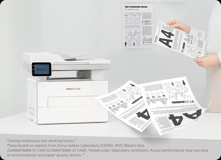 Máy in đa năng Pantum BM4302ADW đang in tài liệu A4 với hiệu suất nhanh chóng và chất lượng cao