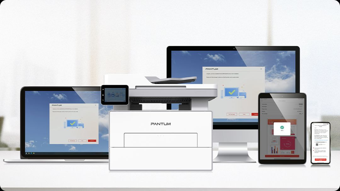 Máy in đa năng Pantum BM4302ADW kết nối với nhiều thiết bị như máy tính, điện thoại, và máy tính bảng.