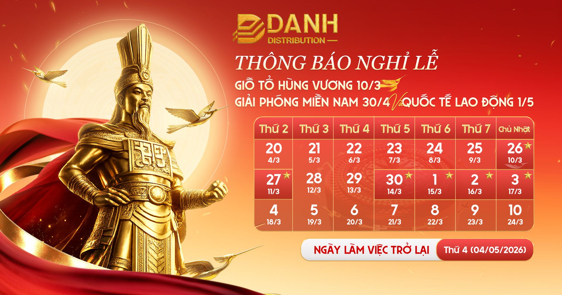 Thông báo nghỉ lễ Giỗ Tổ Hùng Vương 10/3 âm lịch, Giải phóng miền Nam 30/4 và Quốc tế Lao động 1/5 của Danh Distribution