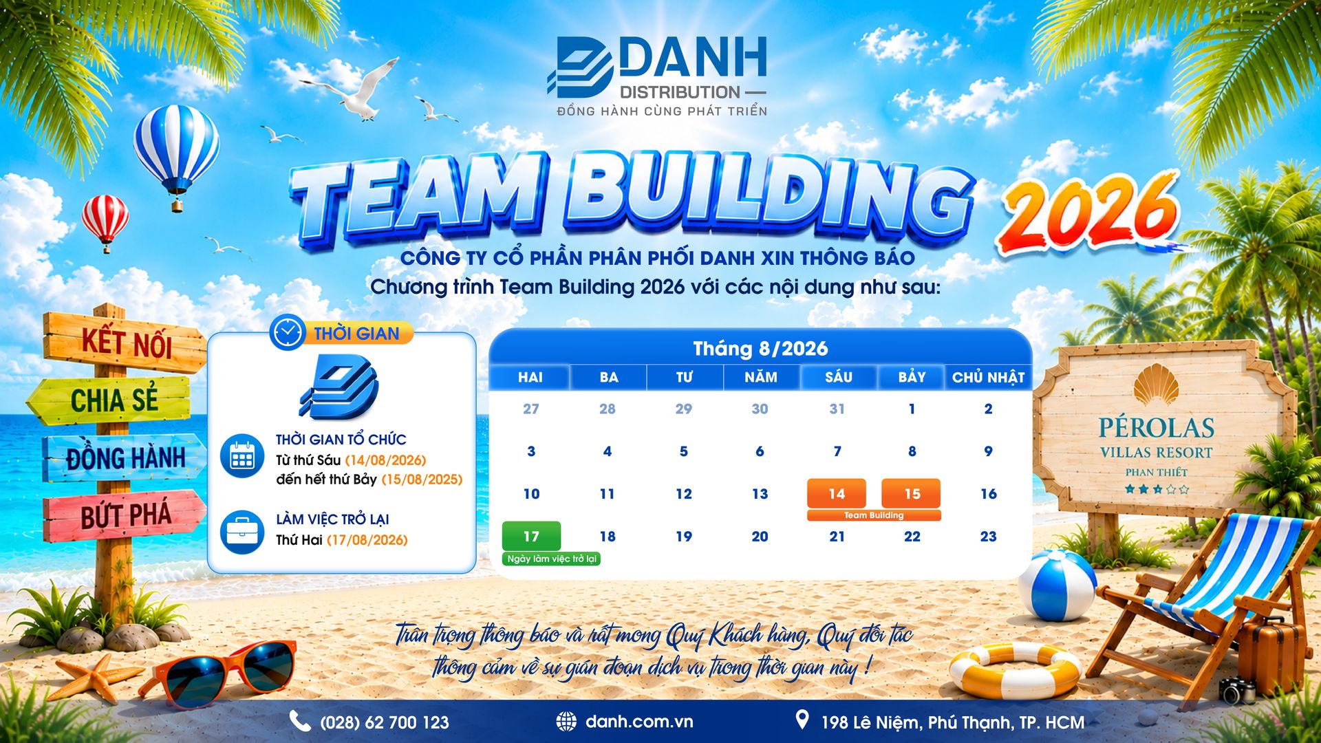 Thông báo Chương trình Team Building 2026 của Công ty Cổ phần Phân Phối Danh tại Pérolas Villas Resort Thông báo Chương trình Team Building 2026 của Công ty Cổ phần Phân Phối Danh tại Pérolas Villas Resort Phan Thiết